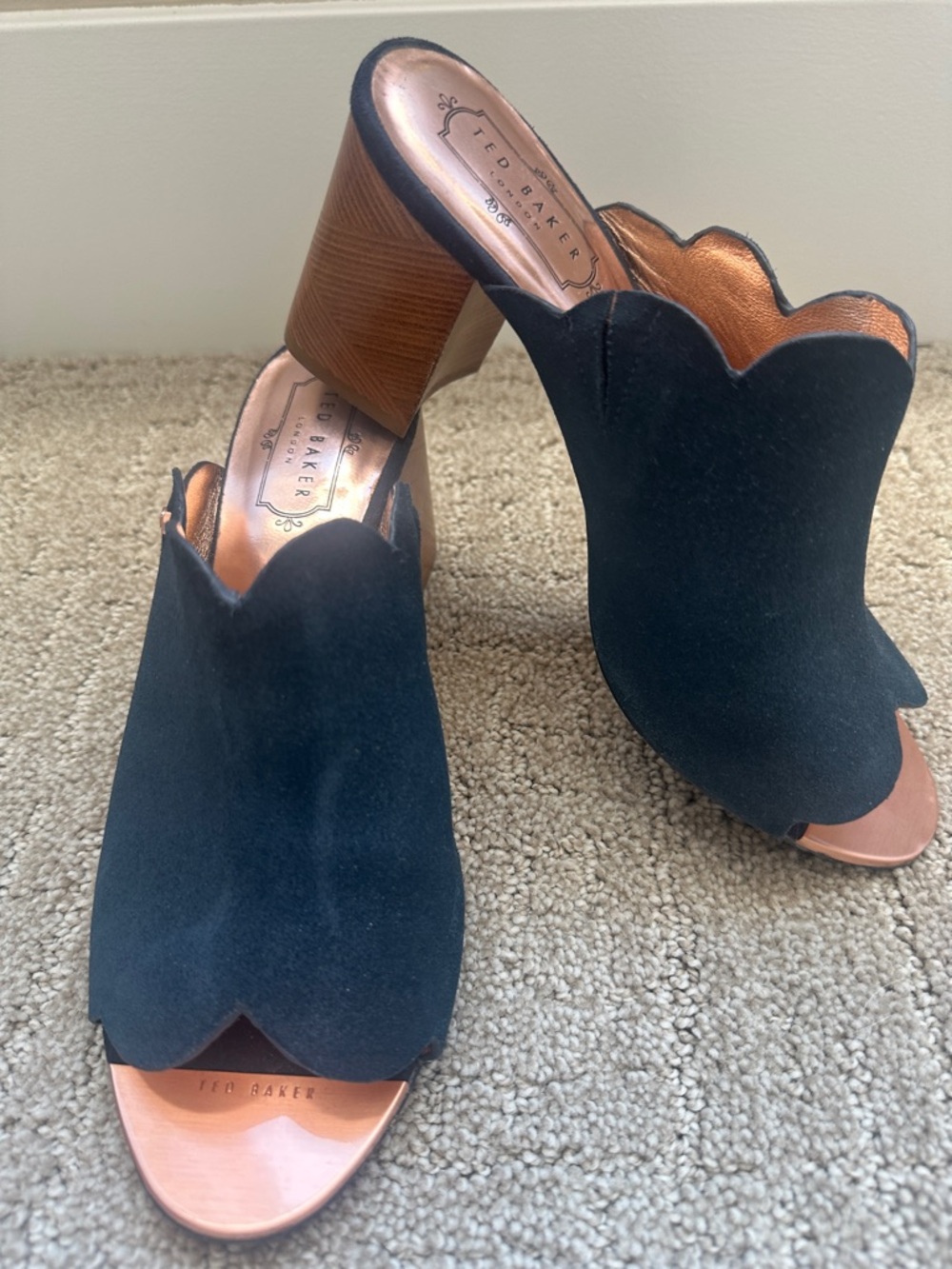 Ted Baker Black Suede Scalloped Open-Toe Block Heel Mules